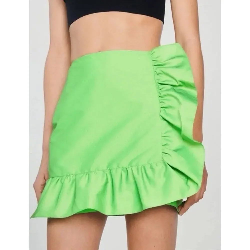 Sandro Womens Mini Skirt Ruffle Ruffles Green FR 34/ US 2 XS SFPJU00781 NWT $245